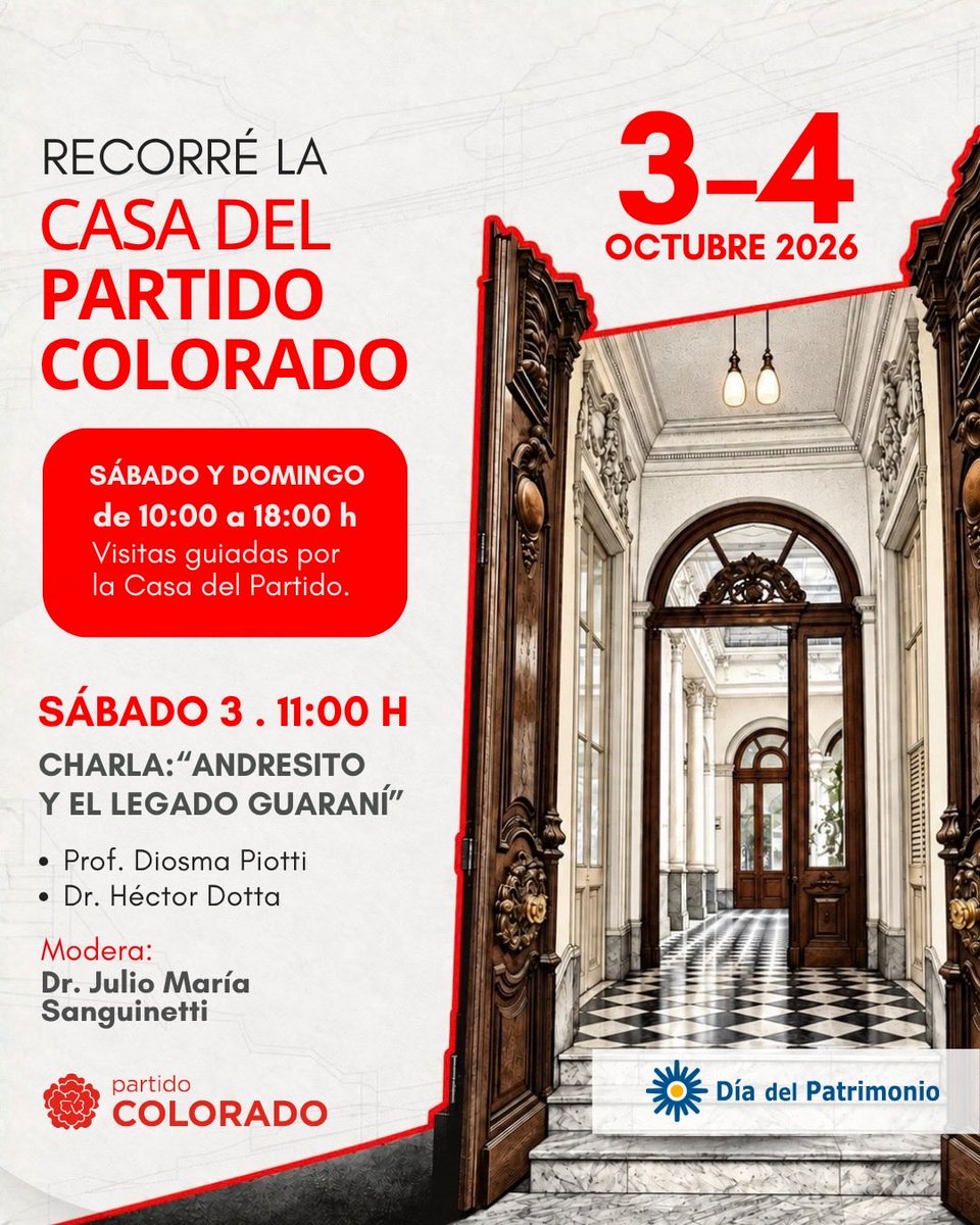 PartidoColorado's tweet photo. 🚩El fin de semana del Patrimonio, la Casa del Partido Colorado vuelve a abrir sus puertas para que la recorras y conozcas de cerca su historia.

🚩Además, una charla imperdible sobre “Andresito y el legado Guaraní” a cargo del profesor Diosma Piotti y el Dr. Héctor Dotta. Modera, el Dr. Julio Maria Sanguinetti.
¡Los esperamos!
