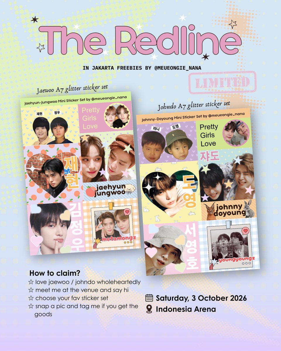 meueongie_nana's tweet photo. ╰┈➤ ❝JOHNDO &amp; JAEWOO FREEBIES FOR NCT 127 THE REDLINE IN JAKARTA❞

by @meueongie_nana 

➷ very limited quantity 
➷ rts and likes are appreciated 
➷ detail on pics

see you at venue guys  ｡･ﾟﾟ･ ♡ https://t.co/9B6g4RSlvP