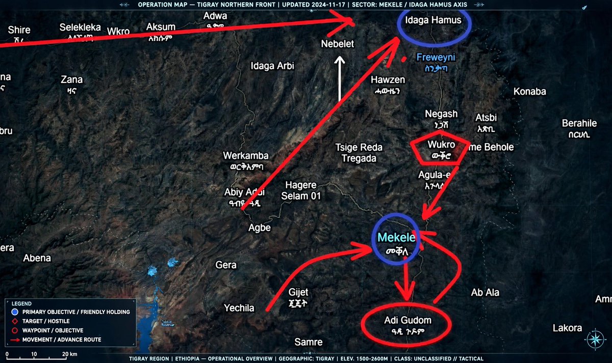 TigrayPeaceF's tweet photo. Update:
This morning, the TPF and ENDF began clearing a route from Adi Gudom to Kuwiha. Commando units were airdropped in Wukro, north of Mekele. Other units are encircling western parts of Tigray, from Shire and Axum to Adigrat and Idaga Hamus.

#Tigray #Ethiopia https://t.co/cULeiJkh2l