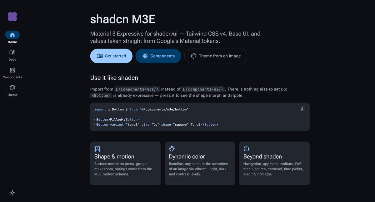 cr1sta_dev's tweet photo. Introducing shadcn-m3e.

It provides styles based on shadcn/ui and compatible with Material 3 Expressive.
It merges components from both shadcn and Material UI.
This library will be open-sourced soon!

Inspired by m3e-canvas from @lnkiai , this library works completely on React! https://t.co/dZXTC4ysLu