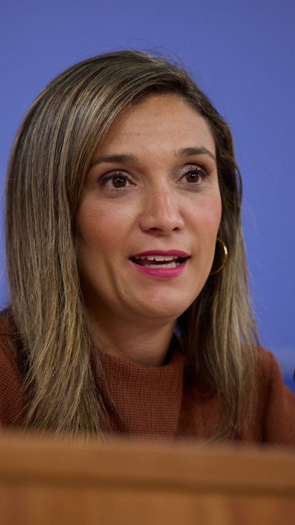 Close-up portrait of a woman with blonde-streaked hair wearing a rust-colored top and gold hoop earrings against a blue background.