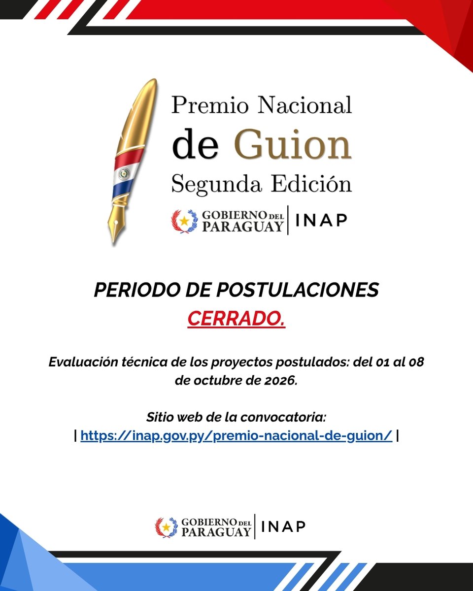 Inap_py's tweet photo. 📋🎬 A las 07:59 h concluyó el periodo de postulaciones para el Premio Nacional de Guion – Segunda Edición.

El calendario continúa con la Evaluación Técnica de los proyectos, prevista del 01 al 08 de octubre. 

📎 Más información: https://t.co/OlNkoZyQsU https://t.co/yLyW7h7ktY