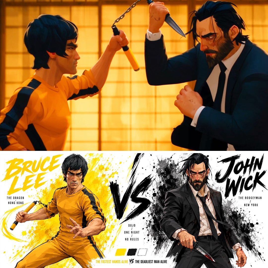 Stylized artwork depicting a fight scene between Bruce Lee and John Wick; the top half shows them clashing with nunchucks and a knife, while the bottom half features their illustrated portraits with 'VS' in the middle and the text 'THE FASTEST HANDS ALIVE VS THE DEADLIEST MAN ALIVE'.