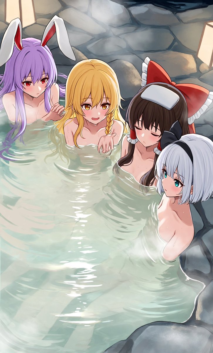 shirasu561's tweet photo. のんびり露天風呂で女子会タイム！♨️✨
PixAIで霊夢、魔理沙、妖夢、鈴仙の4人を生成しました。※透けてるオリジナル版（R-18）はリプ欄のリンク（pixiv）から見られます！#東方Project #博麗霊夢 #霧雨魔理沙 #魂魄妖夢 #鈴仙 #PixAI #AIイラスト #AIArt https://t.co/1FlsYahAwe