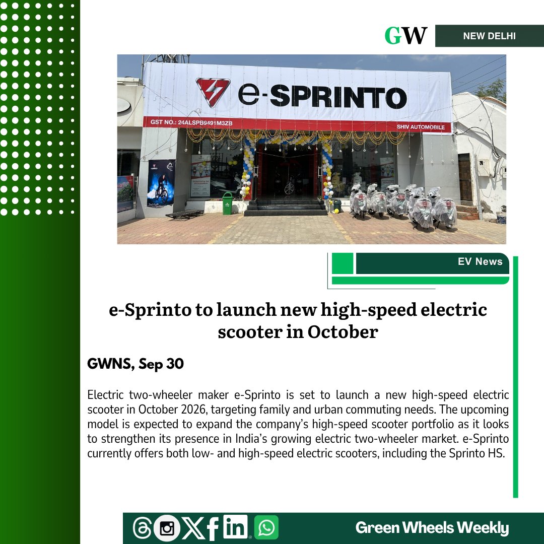 GreenWheels22's tweet photo. e-Sprinto is set to launch a new high-speed electric scooter in October 2026, targeting family and urban commuting needs.
#eSprinto #ElectricVehicles #EVNews #EVIndia #electrictwowheeler https://t.co/Fe9tI6QZ12