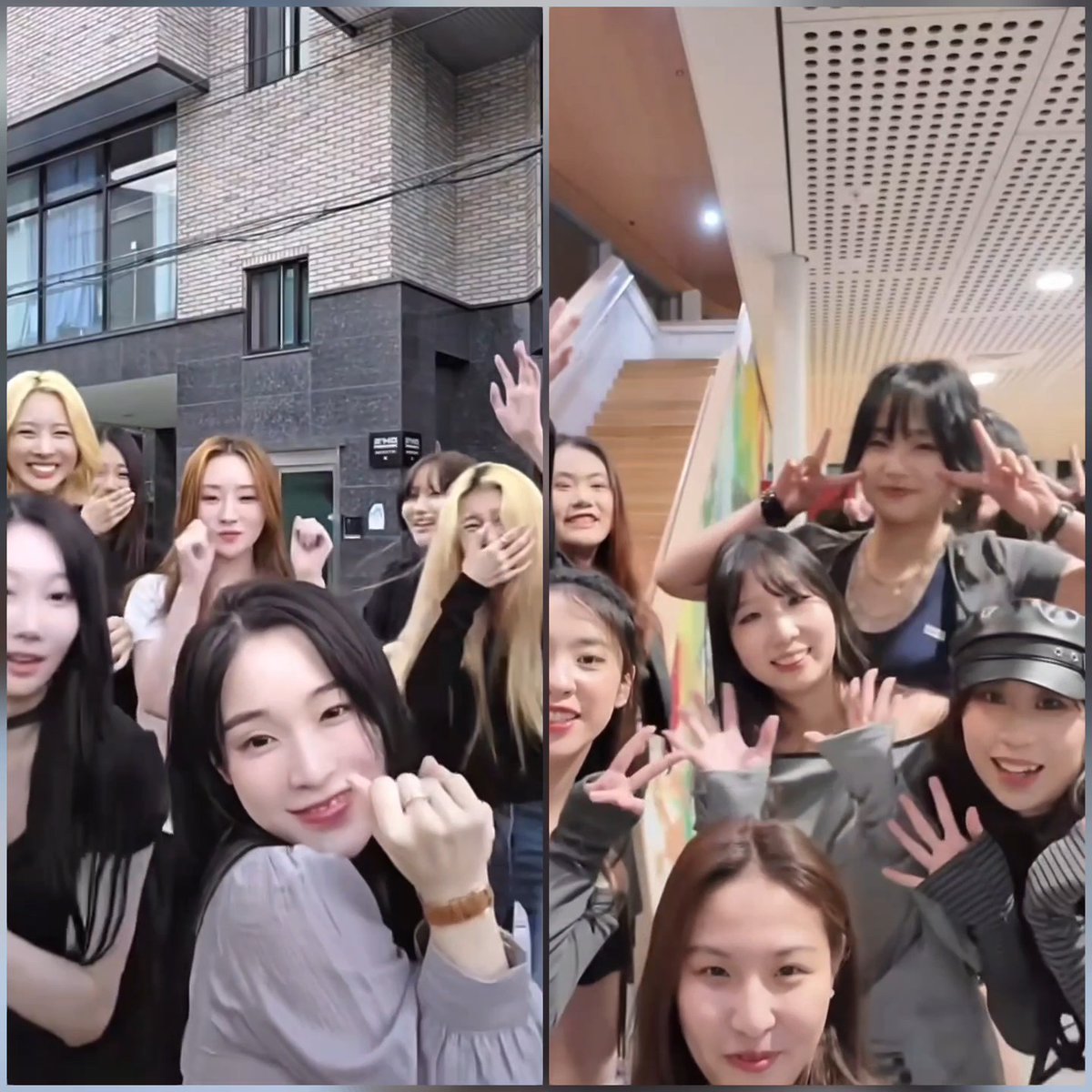 A split-screen image showing two groups of young women taking selfie videos in casual indoor settings, smiling and making hand gestures.