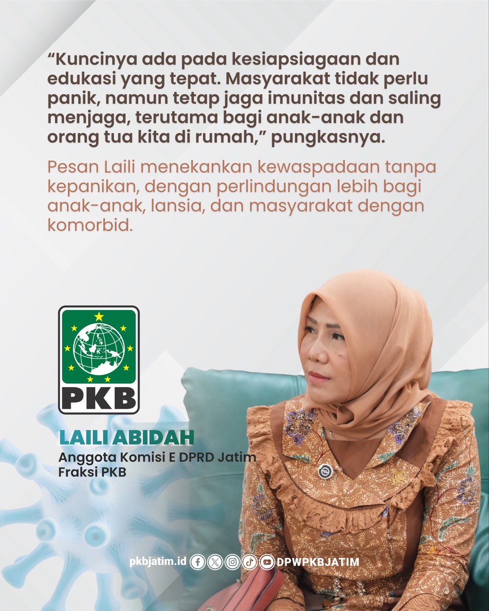 dpwpkbjatim_'s tweet photo. ๐ฉบ Waspada Influenza!
Laili Abidah mendorong perhatian khusus terhadap kelompok rentan, seperti balita, lansia, dan masyarakat dengan komorbid, di tengah lonjakan kasus Influenza.
#PKB #Pkbjatim #dpwpkbjatim #gusmuhaimin #cakimin https://t.co/TsRMWQT7CP