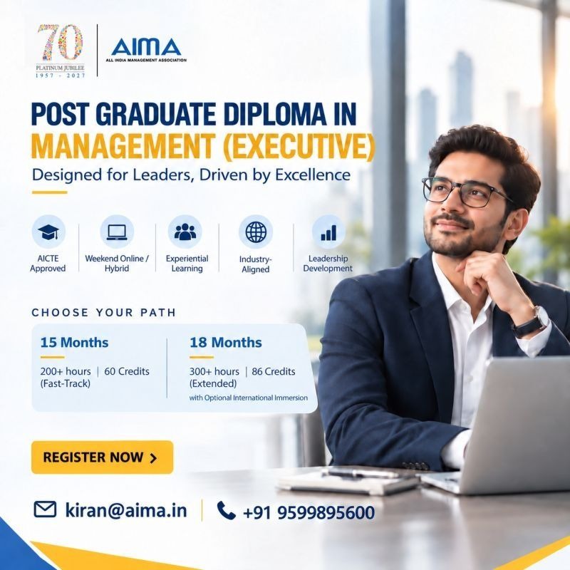 aimaindia's tweet photo. Advance your career with AIMA’s AICTE-approved PGDM (Executive), designed for working professionals.

15 Months | 200+ Learning Hours
18 Months | 300+ Hours + Optional International Immersion
Live weekends, case studies, simulations, mentorship &amp; more.
Admissions Open. https://t.co/91b6m9RzYB