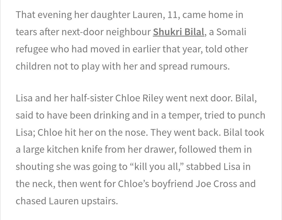 Steve_Laws_'s tweet photo. She's dead because the government put a Somali refugee next door to her.

Lisa went round to get the Somali to stop terrorising her daughter. She retaliated by attacking Lisa and her sister, so they left and the Somali refugee followed them back and stabbed Lisa in the neck. https://t.co/LFv8NcZUfS