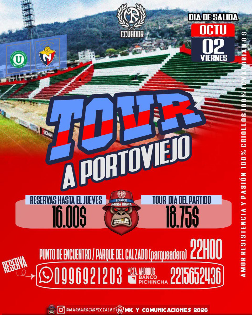 mrecvador's tweet photo. Amor incondicional, así de simple. Viernes pa’ la carretera que Portoviejo es el destino. 🎶En todo lado junto a vos, siempre junto a vos, dejamos todo en carreta🎶

📱Reserva al: 0996921203

Marea Roja Ecvador 🔥💯
¡ Vamos los rojos!

#barrabrava #ElNacional #MareaRoja #fútbol https://t.co/6q7J8MALeX