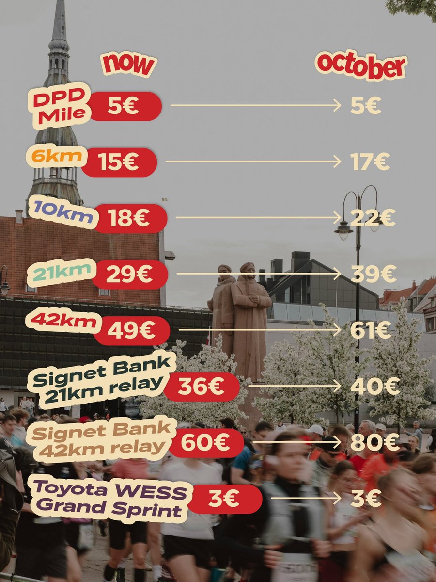 RigasMaratons's tweet photo. The calendar is moving and so are the prices ‼️
￼
Today is the last day at the current Rimi Riga Marathon entry fees. https://t.co/hXT1dcAne2