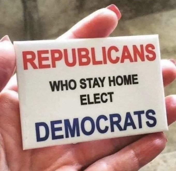 A hand holds a campaign button reading 'REPUBLICANS WHO STAY HOME ELECT DEMOCRATS' in red and blue text.