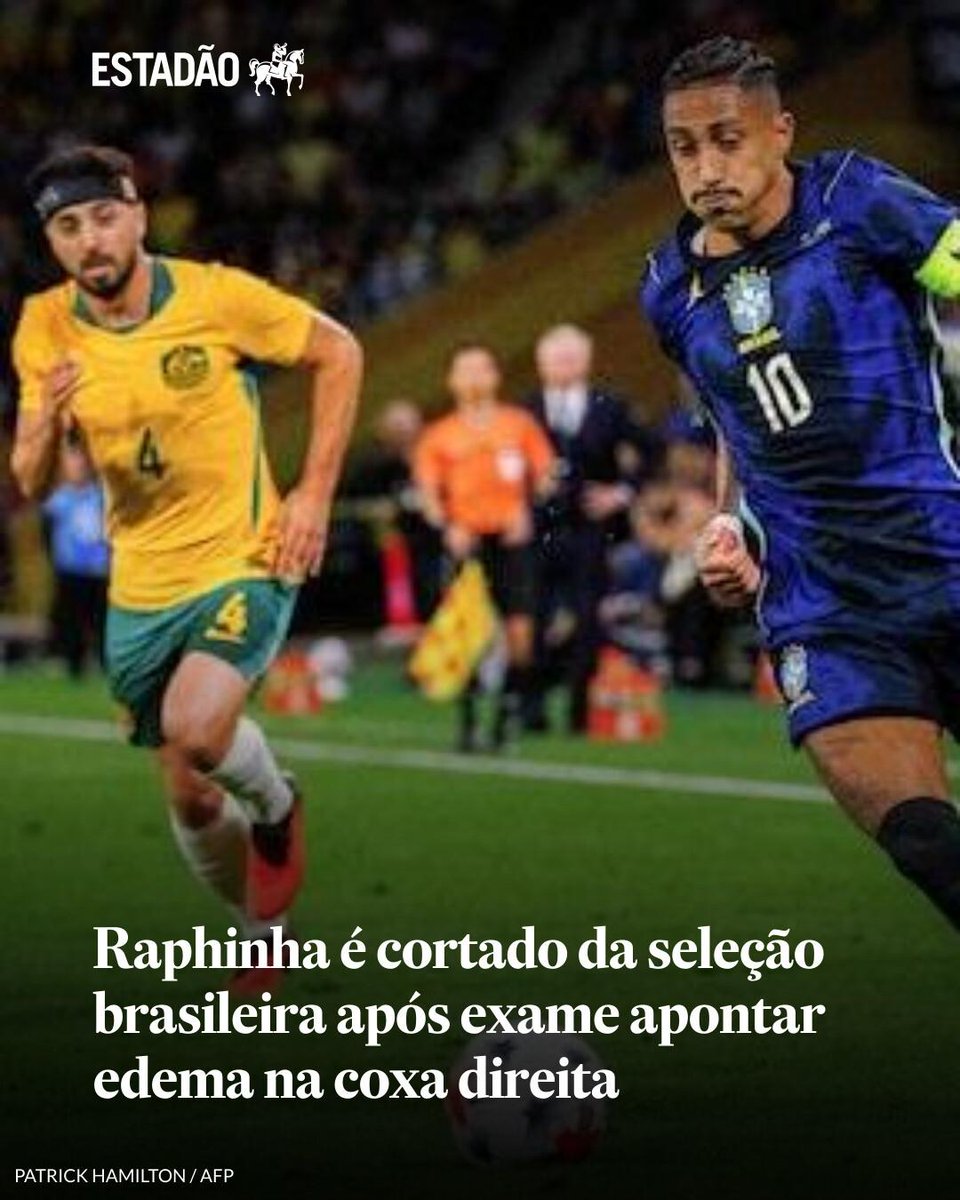 Estadao's tweet photo. Raphinha é cortado da seleção brasileira após exame apontar edema na coxa direita | Atacante sentiu lesão na vitória por 4 a 2 sobre a Austrália e não joga contra a Índia https://t.co/50xBhKQ4PY https://t.co/oca0URdm2q