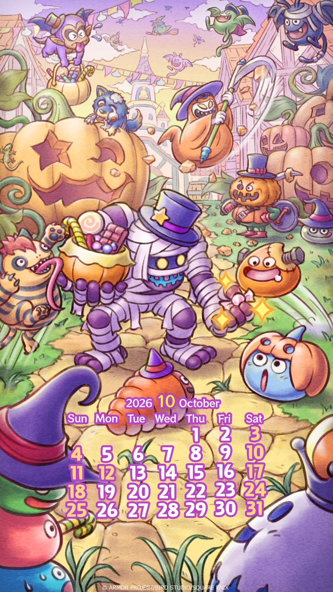 DQ_PR's tweet photo. 10月のカレンダー壁紙をお届けします📅

🎨今月の描き下ろしイラスト🎨

それぞれの仮装をしたモンスター達が、ハロウィンを全力で満喫しています👻✨

賑やかな秋の雰囲気をお楽しみください🎃

#DQ #ハロウィン https://t.co/D5KsbW7RYL