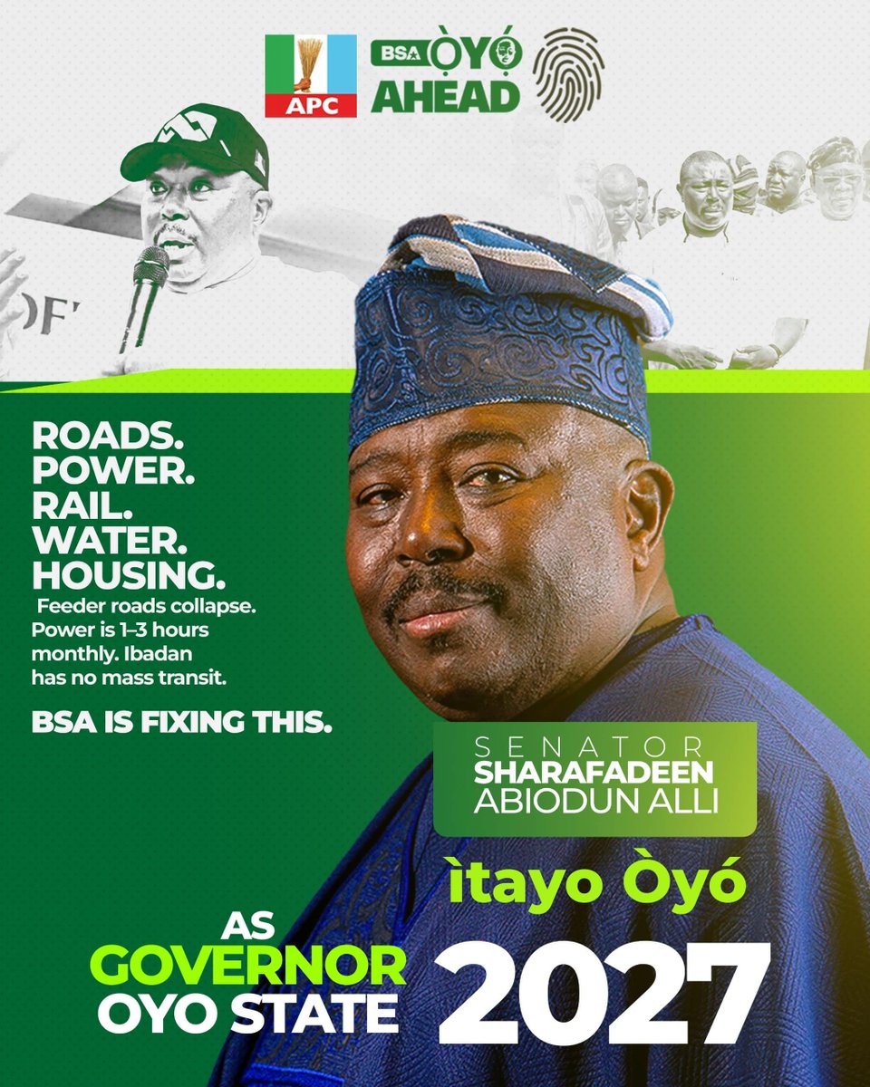 OyoVotebsa2027's tweet photo. Roads, power, rail, water and housing are central to Oyo’s infrastructure conversation.
Explore the infrastructure priorities outlined in the Oyo AHEAD agenda for 2027.
Vote Senator Sharafadeen Alli as Oyo state governor 2027
#BSA2027 #OyoAHEAD #ÌtayoÒyó https://t.co/3ZFsIMidPB