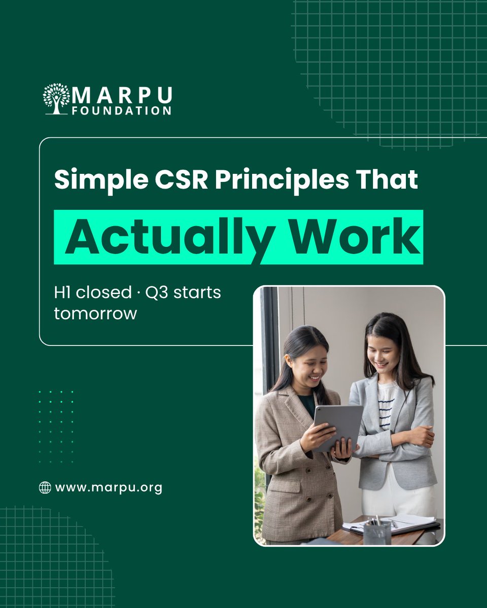 marpufoundation's tweet photo. H1 is over. If your CSR spend is still sitting in a deck, this is your sign.
Start smart, grow fast is not just startup advice. It is how CSR should work too. Here is the Marpu version:

#VolunteerFirstCSR #CSRIndia #MarpuFoundation #CorporateVolunteering #StartSmartGrowFast https://t.co/qlpL9iNWrB
