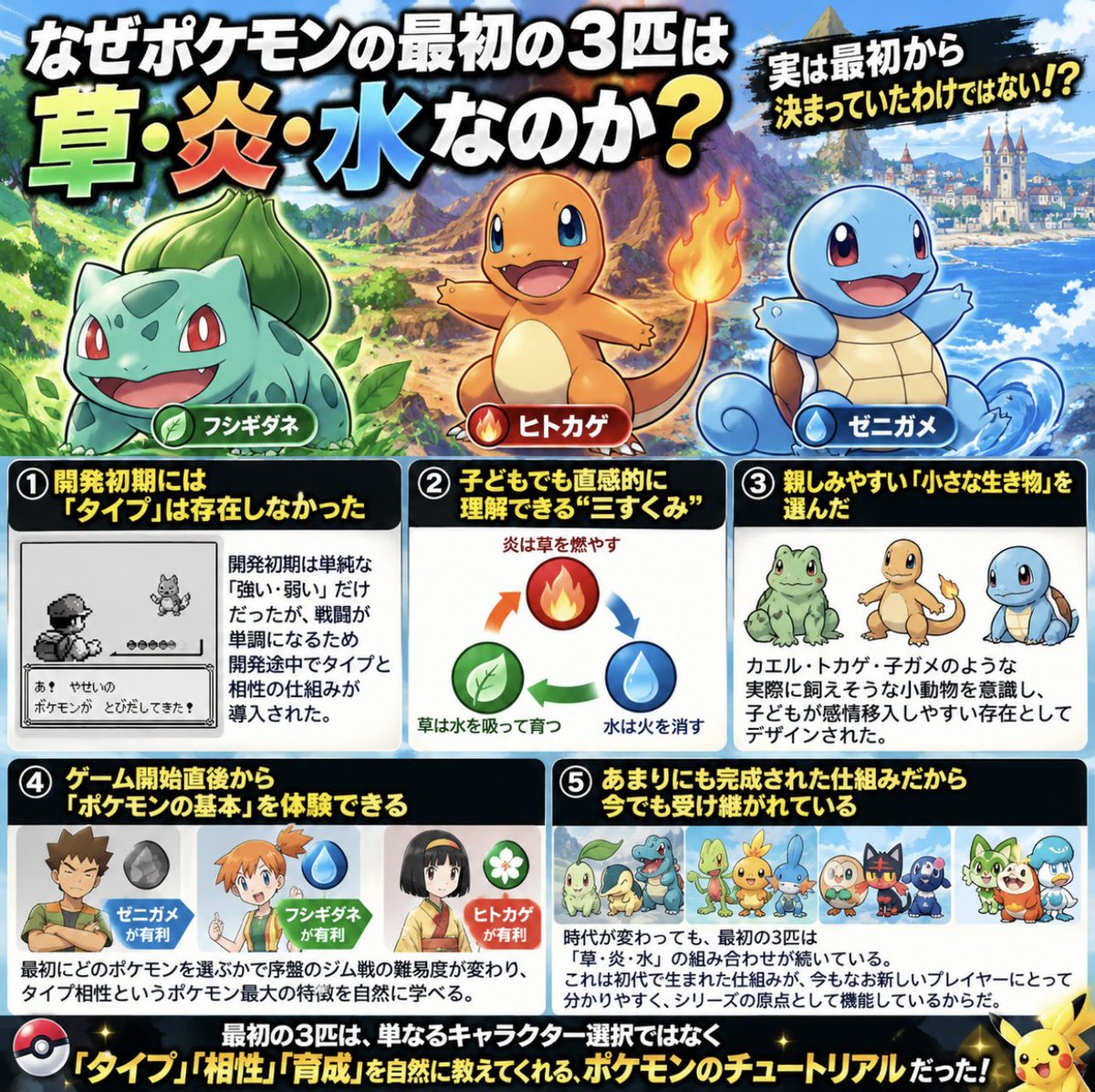 torekaneki's tweet photo. 【なぜポケモンの最初の3匹は
「草・炎・水」なのか？】

実は初代ポケモンの開発初期には、
「タイプ」というシステム自体が
存在していなかった。

単純な「強い・弱い」だけでは
戦闘が単調になるため、
開発途中でタイプと相性が導入された。

そして生まれたのが

🔥炎 → 🌱草
🌱草 → 💧水
💧水 → 🔥炎

という、子どもでも直感的に
理解できる“三すくみ”。

さらにフシギダネ・ヒトカゲ・ゼニガメは
カエル、トカゲ、子ガメのような
「実際に飼えそうな小動物」を意識した
親しみやすい存在だった。

つまり最初の3匹は、

「���きなポケモンを選ぶ」

だけじゃない。

最初の選択そのものが、
「タイプ」「相性」「育成」というポケモンの
基本ルールを自然に教えてくれる
チュートリアルになっていた。

そして、この仕組みがあまりにも完成されていたから――

約30年経った今でも
🌱草・🔥炎・💧水
が受け継がれている。

ポケモンって、
最初の3匹を選ぶ瞬間から
既にゲームデザインがすごい。