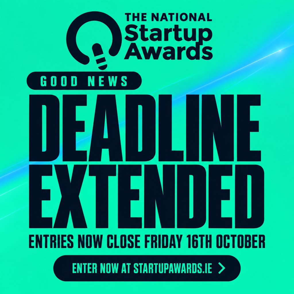 StartupsIreland's tweet photo. ⏳ Extra time unlocked! The National Startup Awards entry deadline has been EXTENDED 🎉
📢 Don’t miss your chance, enter today 👉https://t.co/S46xQokXTF
⏳Extended closing date: 16 October 2026
#yourstartupjourney #NSA2026 #nationalstartupawards2026 #startupawards #IrishStartups https://t.co/izNxOPWIBr