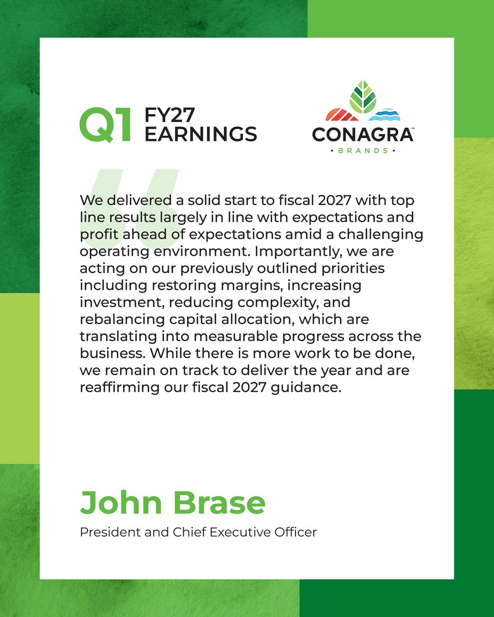 ConagraBrands's tweet photo. Our FY27 Q1 earnings results are live: https://t.co/VVSOvUiGif  $CAG https://t.co/mNEvSEElxf