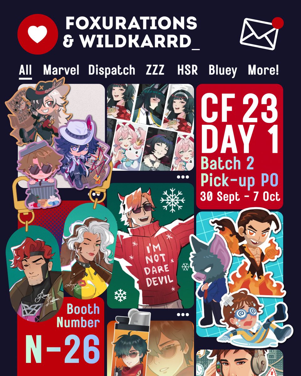 foxurations's tweet photo. (❤️+🔄 appreciated)
Foxur and Wildkarrd are opening #CF23 PO Batch 2!

📅 30 Sep - 7 Oct
🎨 Marvel, Xmen, Dispatch, WHA, HSR &amp; ZZZ (on sale!!), Pokemon, Bluey, Original Character (Indonesian Culture)
📤 Pick-up OTS (Day 1 Only)
🥯 Booth Everything Bagel [N-26]

#cf23catalogue https://t.co/Q7MToKvPHg