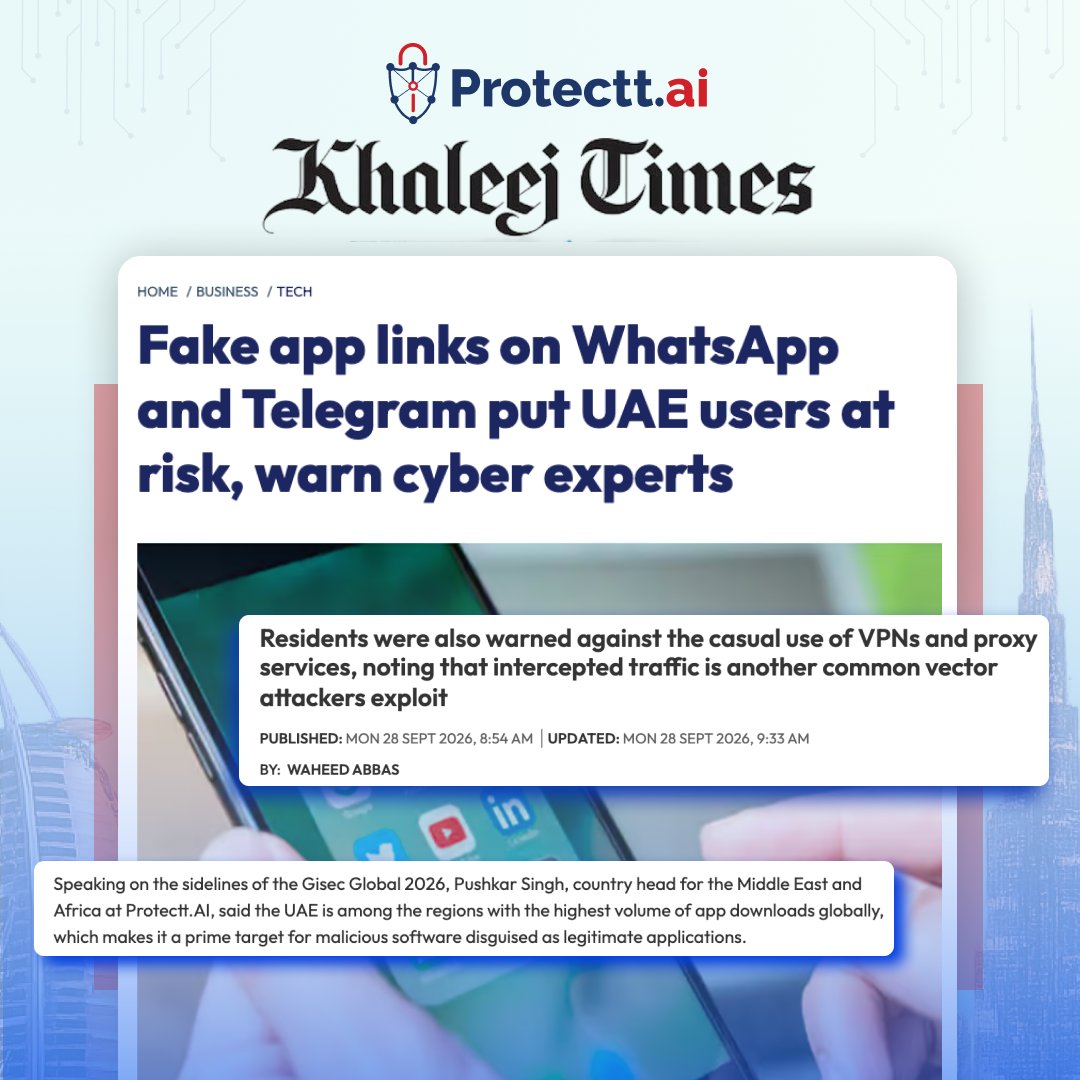 protectt_ai's tweet photo. Fake apps shared on #WhatsApp and #Telegram can look real. Pushkar Singh, our Country Head-MEA Region, told @khaleejtimes  that tampered apps should be blocked from working, even if a user has already installed them.
Read more here: https://t.co/srhl4QR8Ka
#mobileappsecurity https://t.co/HssBZBqpZM
