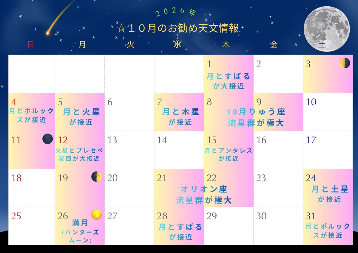 ama0202's tweet photo. 10月の天文情報記事＋天文カレンダーを更新しました⭐️

天文カレンダーは保存OKです。
（再配布などは✖️）

下記のX記事にて各天文現象の詳細を載せていますので宜しければこちらもぜひご覧ください📝 https://t.co/AHgicw1O5p