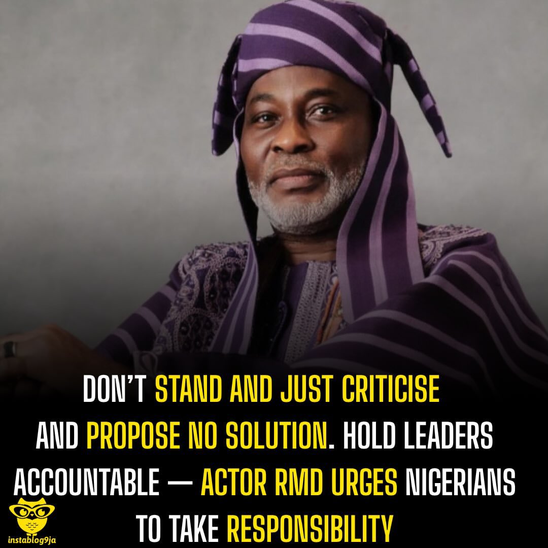 instablog9ja's tweet photo. Don’t Stand and Just Criticise and Propose No Solution. Hold leaders accountable — Actor RMD Urges Nigerians to Take Responsibility 

Veteran actor and filmmaker Richard Mofe-Damijo, popularly known as RMD, has urged Nigerians to go beyond criticising the country’s problems and contribute to finding solutions to the challenges facing the nation. RMD made the call at the 2026 Pivot Nigeria Conference in Lagos 

Speaking at the conference, RMD acknowledged the challenges facing the country but stressed that identifying problems should be accompanied by efforts to solve them. 

“There are problems, but we need to fix them. Don’t stand and just criticise and propose no solution,” he said. 

The actor also called for greater accountability from political leaders, saying Nigerians must demand responsibility from those entrusted with public office. 

“We don’t hold leadership accountable enough,” RMD said, stressing that elected leaders should understand that they are responsible to the people they represent. 

He further urged Nigerians to remember that their conduct contributes to the country’s international image, particularly when they travel or interact with people from other countries. 

“Just remember who you are. You are an ambassador, not just for yourself, your parents or your school, but ultimately for your country,” he said. 

He described Nigeria as a “work in progress” and called for patience and sustained efforts toward national development.