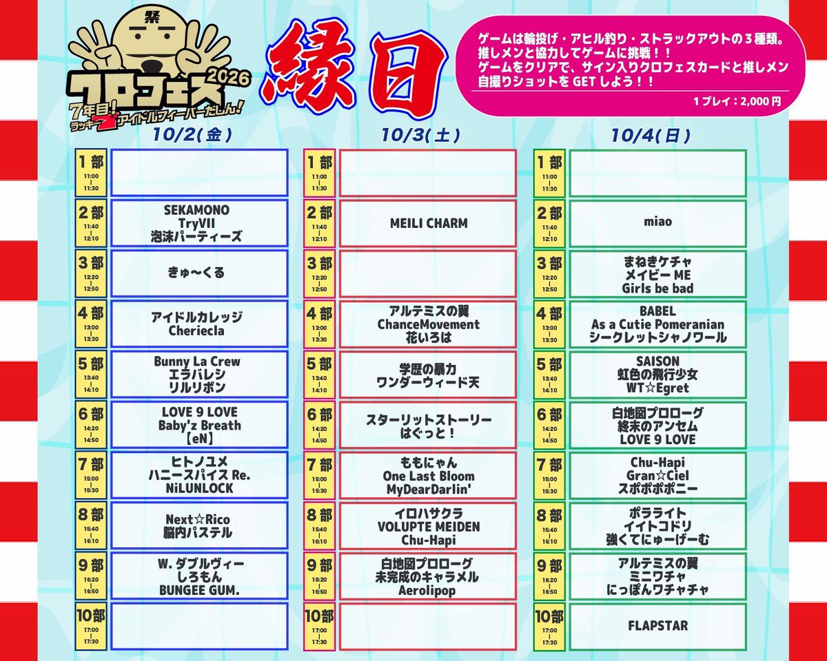 polalight_info's tweet photo. 🌈クロフェス 縁日🌈

@ クロフェス2026 7年目 ラッキー7アイドルフィーバーだしん！

🏮縁日🏮
10/4(日) 8部15:40～16:10

ポラライトはクロフェス縁日にも参加します‼️
縁日もライブも1日楽しみましょう✨️

🎫チケット
プレミアムチケット
3DAYS ¥60,000/各1DAY ¥24,000
一般
3DAYS ¥21,000/各1DAY ¥8,500
https://t.co/YVokcORKQi
※販売中

📍公式HP
https://t.co/yQxuCGp1GX

#クロフェス2026 #ポラライト