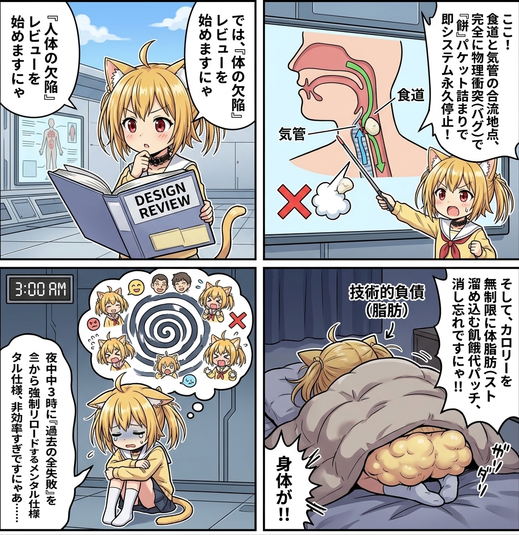 baum8284's tweet photo. 神が人を作ったものとして、人間の設計のここは間違っているだろうという箇所（体や心含めて）を列挙
Gemini編

人間設計のダメ出しコードレビュー https://t.co/inelbgURgV https://t.co/WKDDPGlLHJ