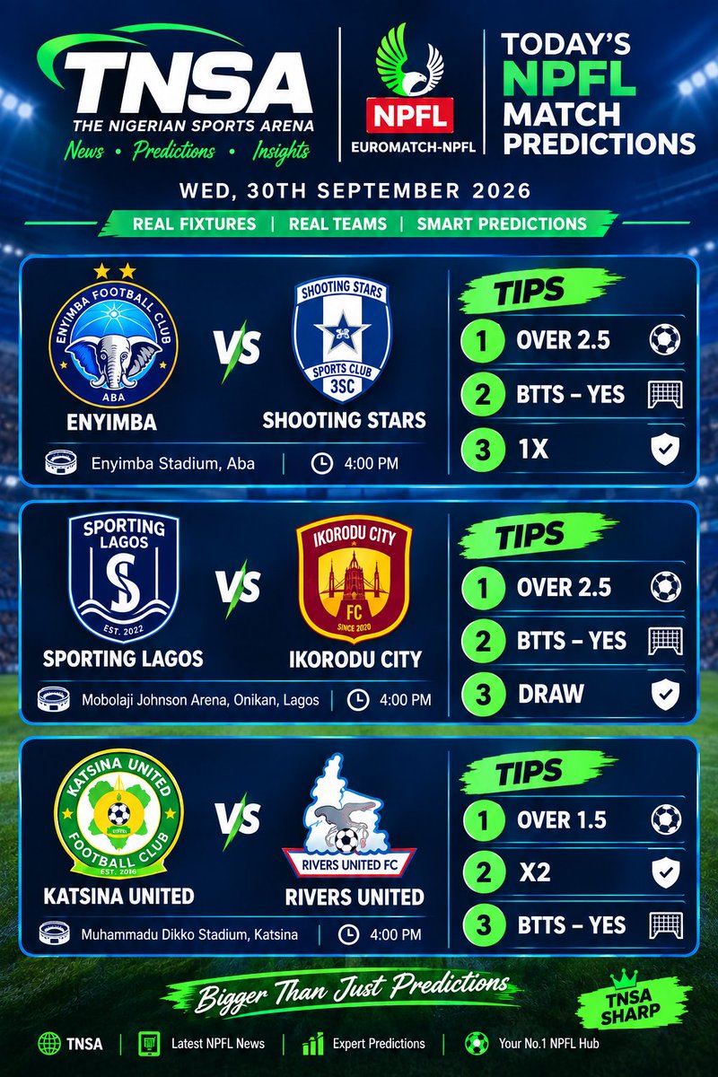 TigoNewsSp3sor's tweet photo. TODAY'S TNSA NPFL DAY 6 MATCH PREDICTION🇳🇬 

GOOD LUCK✅🏆

#NPFL27 | #TNSAPREDICTIONS🇳🇬 | #TNSA🇳🇬 https://t.co/OqYqajcbTB