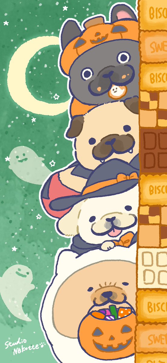 studio_nekotte's tweet photo. 【🎃10月のカレンダー&amp;壁紙🎃】
フレブル、パグ、ペキニーズに熊🧸…？(ﾁｬｳﾁｬｳ)新しい仲間が加わって、とってもにぎやかなハロウィンパーティー👻🎃🍭

ご自由に保存してお使いください🐶

(個人利用のみでお願いいたします🐾)

#ゆるいイラスト https://t.co/5QMqBLKGq9