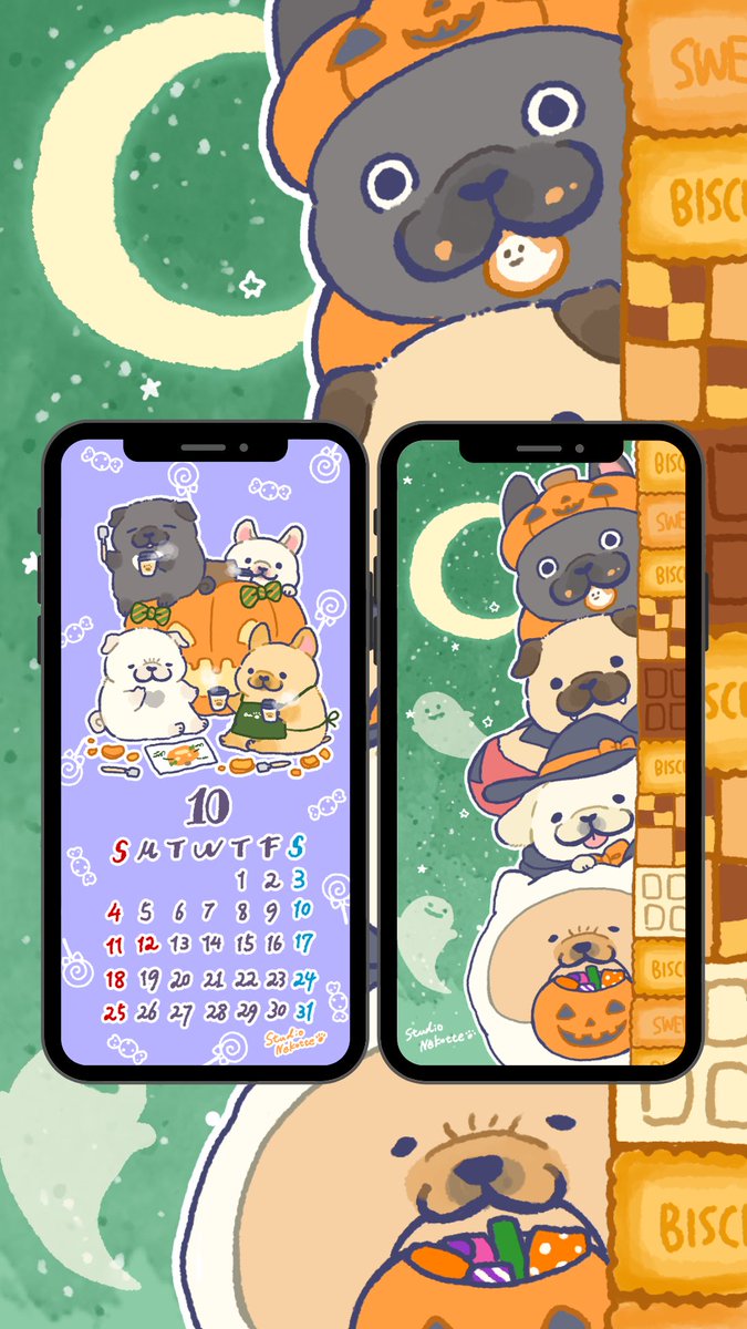 studio_nekotte's tweet photo. 【🎃10月のカレンダー&amp;壁紙🎃】
フレブル、パグ、ペキニーズに熊🧸…？(ﾁｬｳﾁｬｳ)新しい仲間が加わって、とってもにぎやかなハロウィンパーティー👻🎃🍭

ご自由に保存してお使いください🐶

(個人利用のみでお願いいたします🐾)

#ゆるいイラスト https://t.co/5QMqBLKGq9