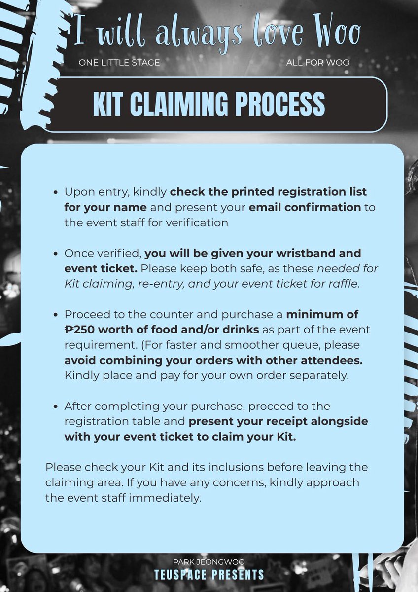 teuspace_'s tweet photo. EVENT REMINDERS & KIT CLAIMING PROCESS 🩵

Here are some reminders and the kit claiming process to help make the event flow smoother. Kindly read everything carefully, and if you have any questions, don’t hesitate to send us a DM!

We’re so excited to see you all! 🐺

#IWillAlwaysLoveWoo #JEONGWOO #박정우