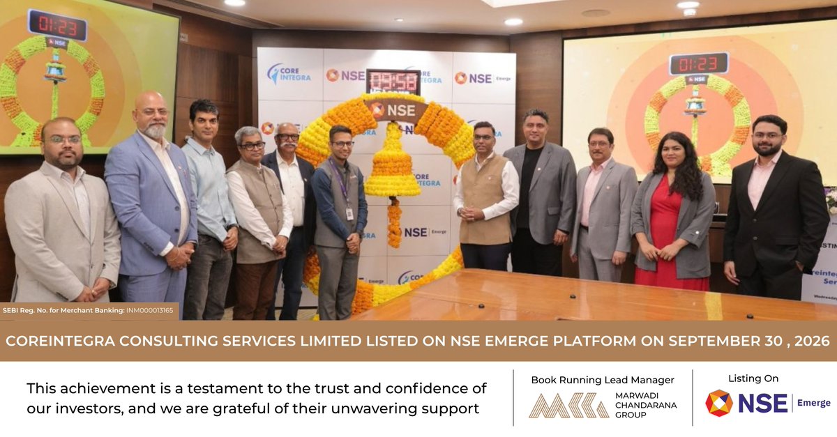 MCG_India's tweet photo. IPO Listing 🔔

We are proud to have been part of this journey as Core Integra Consulting Services Limited IPO marks its successful listing on the on @NSEIndia Emerge platform!.

This milestone reflects the collective commitment, dedication, and efforts of the entire team involved.

We extend our best wishes and look forward to supporting their continued growth and success ahead.

@amishchandarana @khetan_mayur
@Bhanushalibipi1 @ijigardesai

#MarwadiChandaranaGroup #CoreIntegraConsultingServicesLtd #IPO #NSE