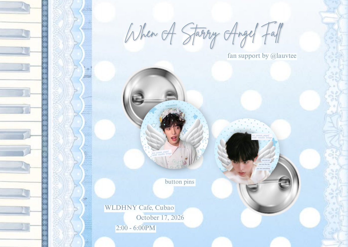lauvtee's tweet photo. When A Starry Angel Fall 🪽
button pins freebies by @lauvtee
- limited qty!
- 1:1 ratio
- random !!
#PorSuppakarn
#WhenAStarryAngelFall https://t.co/o6LdprL9aA