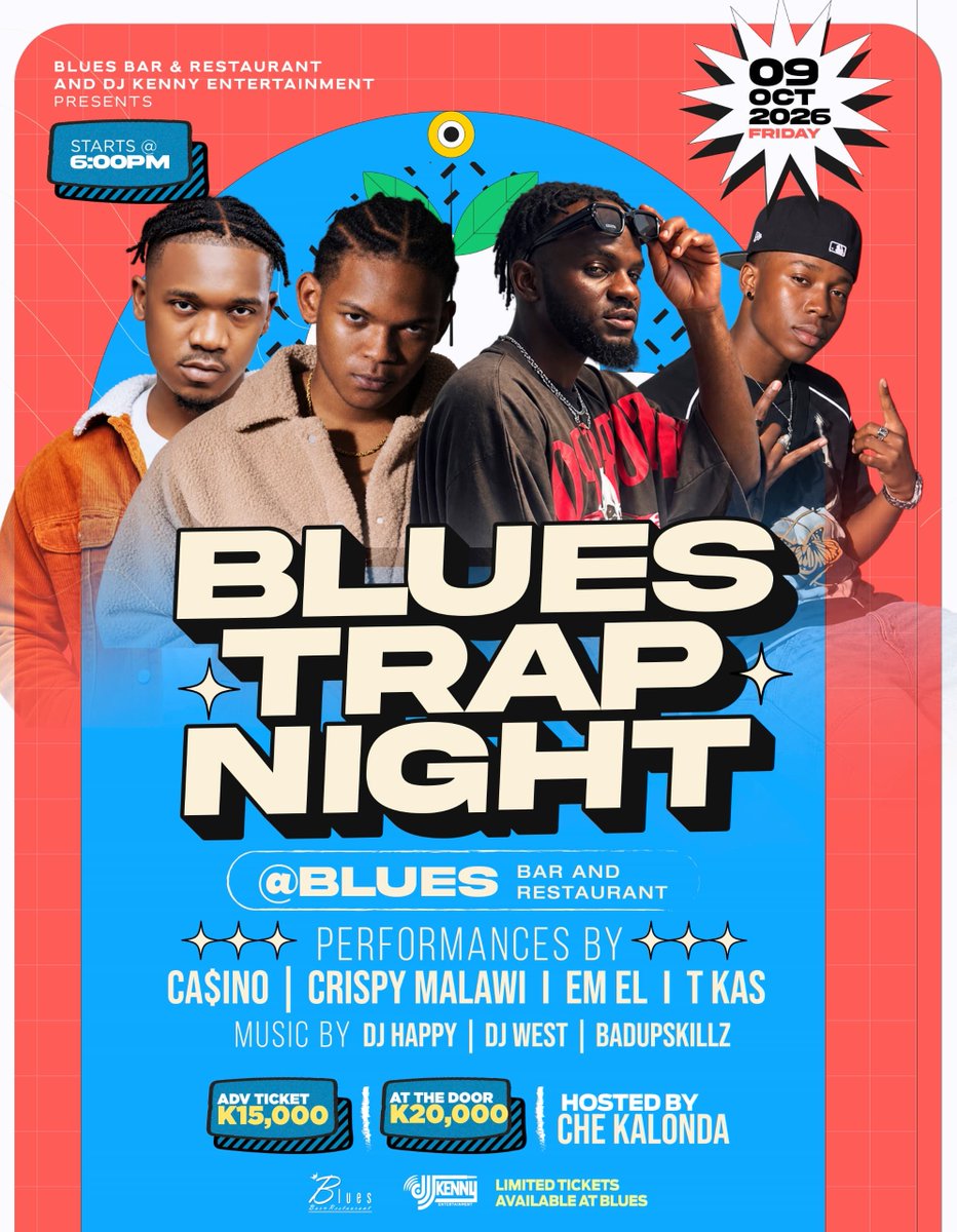 ElzJoel's tweet photo. The biggest Trap Night is dropping Friday, Oct 9th at Blues Bar &amp; Restaurant! 💣🔥

Catch Ca$ino, Crispy Malawi, EM EL &amp; T Kas live on stage with DJ Happy, DJ West &amp; Badupskillz on the decks! Hosted by Che Kalonda🙌

💰 K15,000 per Ticket.

#BluesBarAndRestaurant #BluesTrapNight https://t.co/ClhIso3DHi