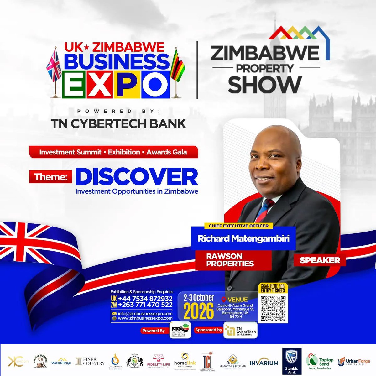rawsonharare's tweet photo. Invest in Zimbabwe’s property market with confidence. 

Rawson Properties CEO Richard Matengambiri will take the stage at the UK–Zimbabwe Business Expo & Property Show 2026, spotlighting the group’s property projects across Zimbabwe and the opportunities available to diasporans.

Discover how to invest safely, smartly and with confidence while exploring property opportunities back home.

2-3 October 2026 | Quaid-E-Azam Grand Ballroom, Montague St, Birmingham

Register today: https://t.co/0rCIWVrPx1

For enquiries, contact: +44 7534 872932 | +263 771 470 522 | info@zimbusinessexpo.com

Follow the Rawson Properties Group channel on WhatsApp:�https://t.co/WssMYbSpUQ

#rawsonproperties #ukexpo #Zimbabwe