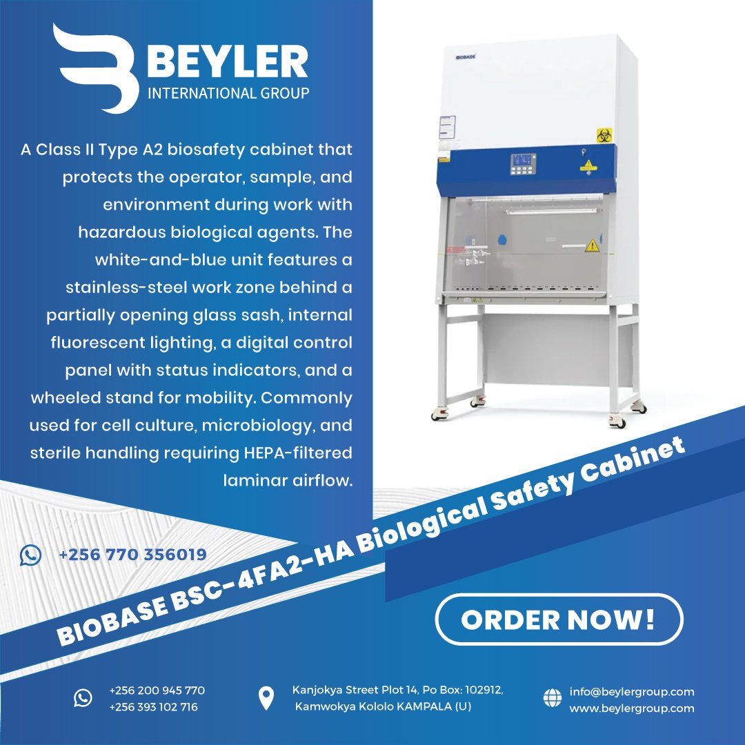 beylergroupint's tweet photo. Ensure maximum protection for your lab samples, team, and environment with the BIOBASE BSC-4FA2-HA Biological Safety Cabinet. 
📲 Order Now: +256 770 356019
🌐 https://t.co/MxDQtIxDSx  
#Biosafety #LabSafety #Uganda #BeylerGroup https://t.co/k2BXsJopFT