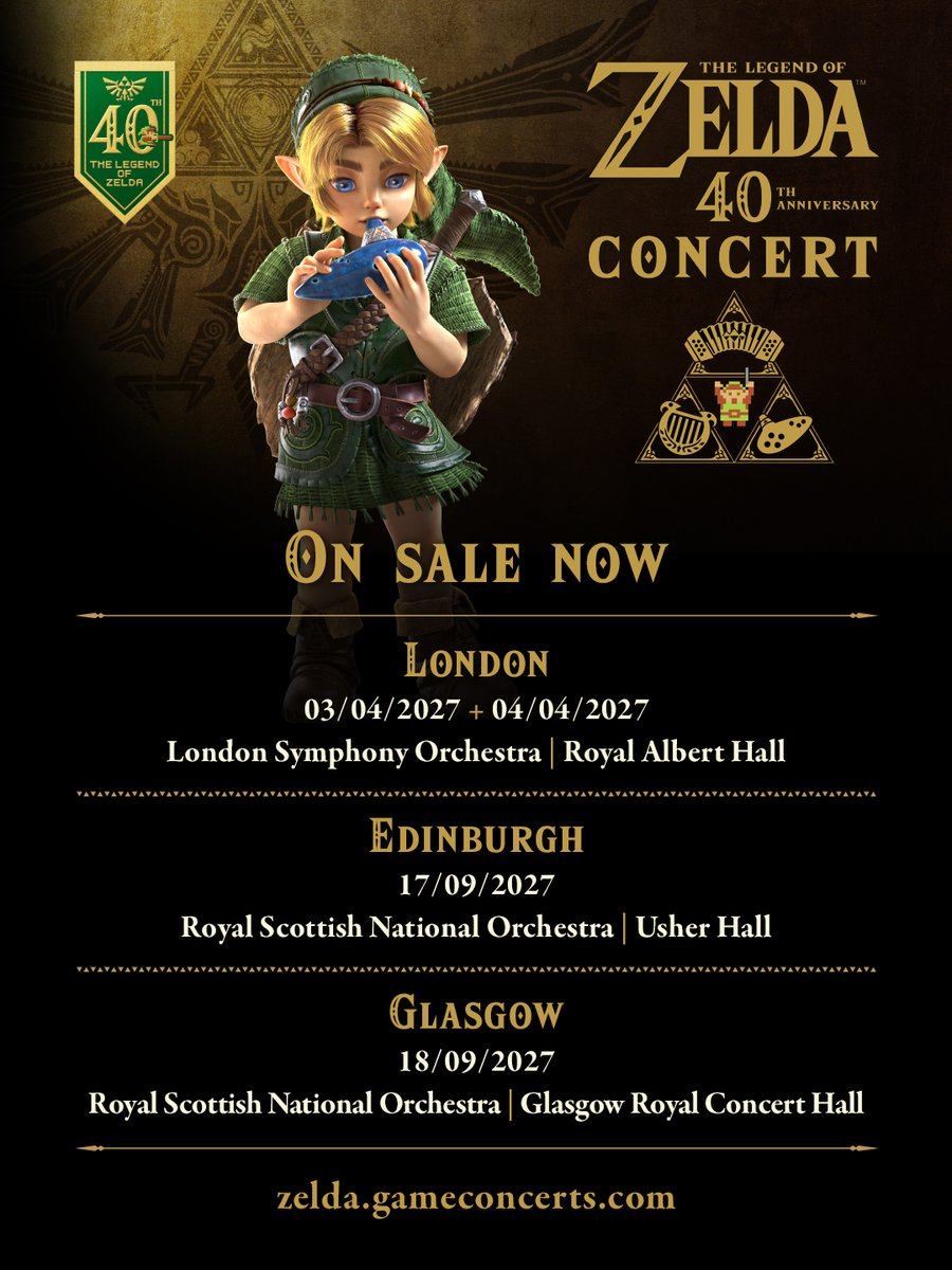 NintendoUK's tweet photo. Tickets for The Legend of #Zelda 40th Anniversary concerts in London, Edinburgh and Glasgow are now on sale: https://t.co/qZN2Px9Vi1 https://t.co/QR4x01UihJ