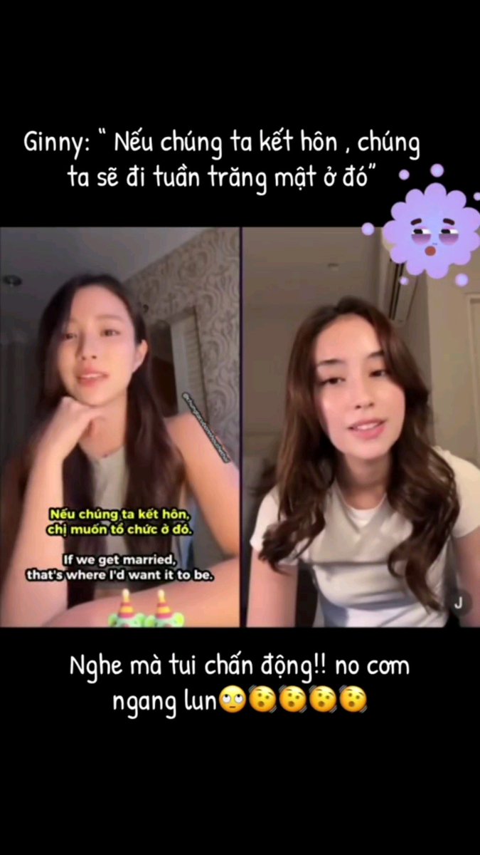 A split-screen video call clip showing two young women, with Vietnamese and English subtitles discussing getting married, accompanied by a cartoon cloud sticker.