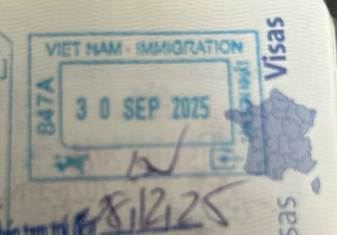 A close-up shows a blue ink 'VIET NAM - IMMIGRATION' visa stamp in a passport with the date '30 SEP 2025'.