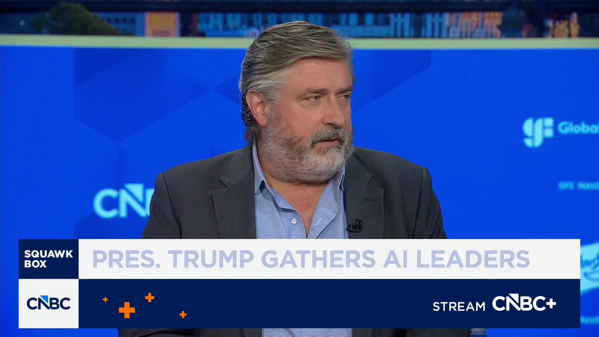 A CNBC "Squawk Box" broadcast features a bearded man in a blue blazer and shirt, with on-screen text reading "PRES. TRUMP GATHERS AI LEADERS" alongside the CNBC logo and "STREAM CNBC+" branding. The image directly supports the post about former Facebook Chief Privacy Officer Chris Kelly sharing his perspective on AI regulation following the White House meeting with tech industry leaders.