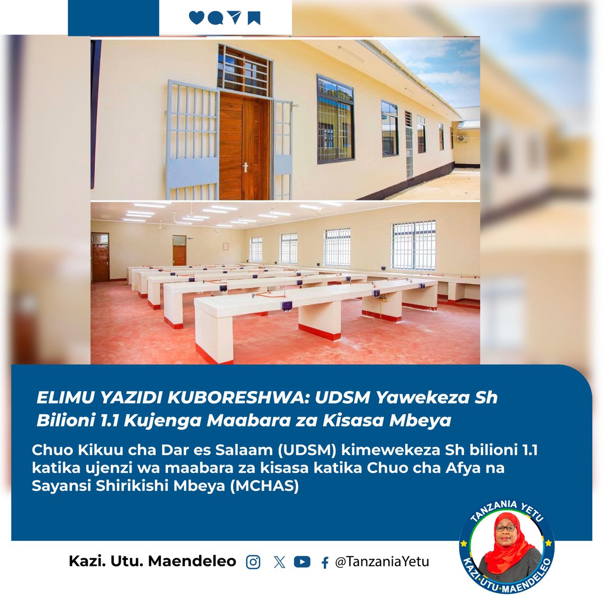 Eric__Bernard's tweet photo. ELIMU YAZIDI KUBORESHWA: UDSM Yawekeza Sh Bilioni 1.1 Kujenga Maabara za Kisasa Mbeya

Chuo Kikuu cha Dar es Salaam (UDSM) kimewekeza Sh bilioni 1.1 katika ujenzi wa maabara za kisasa katika Chuo cha Afya na Sayansi Shirikishi Mbeya (MCHAS), hatua inayolenga kuimarisha elimu ya vitendo, utafiti na ubunifu katika sekta ya afya. Maabara hizo zitawapa wanafunzi mazingira bora ya kujifunza na kupata ujuzi unaohitajika katika soko la ajira na huduma za afya nchini.