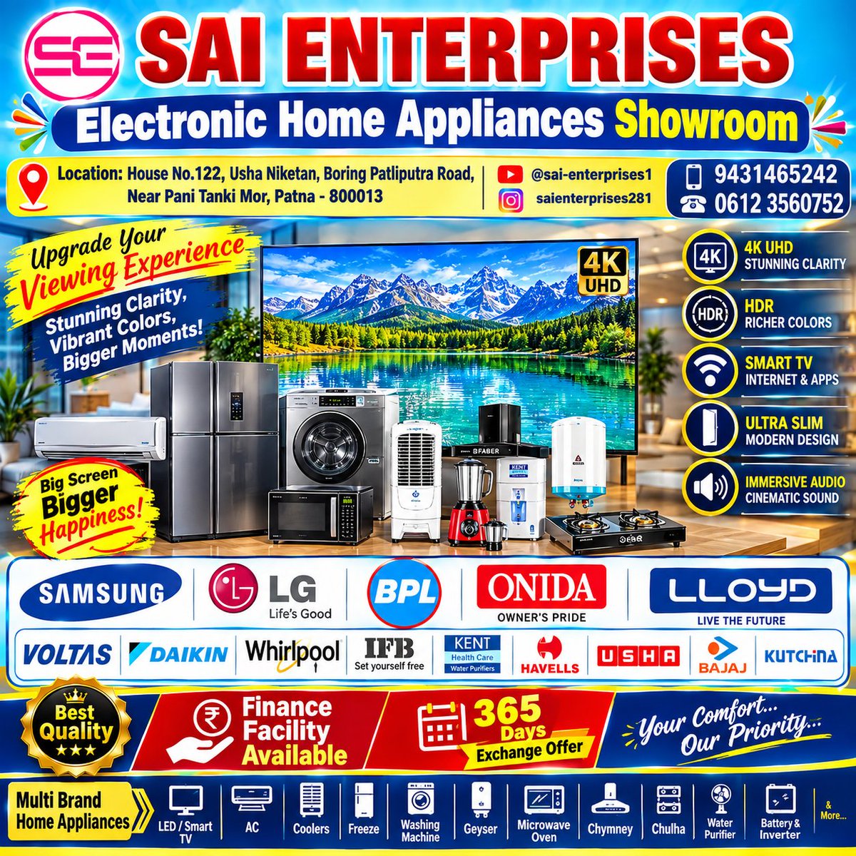 SaiEnt786786's tweet photo. #SaiEnterprises #SaiEnterprisesPatna #PatnaElectronics #Patna #Bihar #ElectronicHomeAppliances #HomeAppliances #ElectronicsShowroom #MultiBrandAC #Voltas #LG #Lloyd #Daikin #Whirlpool #IFB #Kent #Havells #Usha #Bajaj #Kutchina #Symphony #Samsung #Faber #TV #Cooler #Geyser https://t.co/tW1ObBz74J