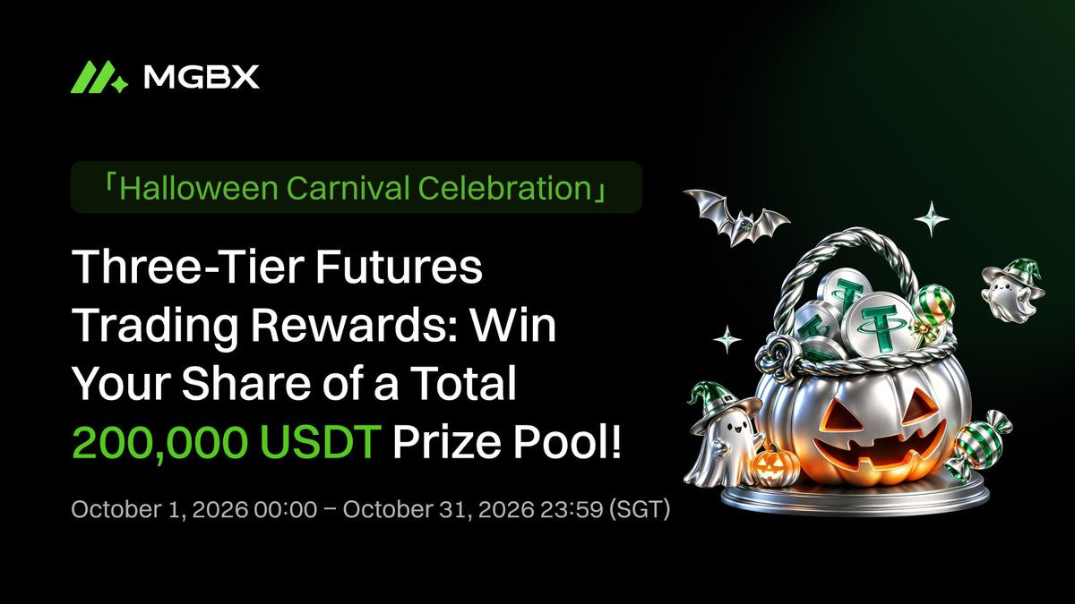 MGBX_Global's tweet photo. 🎃 MGBX Halloween Carnival!
🎁 Share 200,000 USDT in Rewards!

Three Futures perks: earn points by trading, get loss subsidies, and try your luck with airdrops! 👻

👉 Event details: https://t.co/BUEdD26aWB

🍬 Bonus Giveaway: 
🏆 10 lucky winners get 20 USDT each!
✅ Follow + Like + Comment your UID to enter!