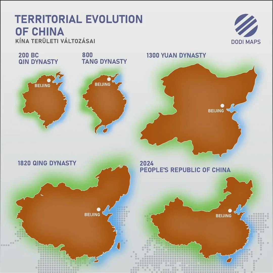 CSM_Monitor's tweet photo. This map of #China’s “territorial evolution” shows the real story: from a small Qin core to successive conquests under Tang, Yuan, Qing &amp; the PRC.

Tibet, Xinjiang &amp; more weren’t “always China”—they were absorbed by force. Expansion is the constant.

End Chinese occupation. https://t.co/Z7Q4XpJiaS