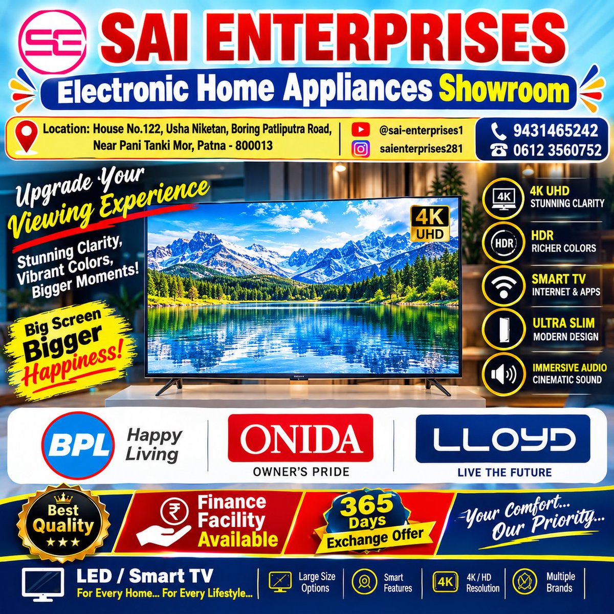 SaiEnt786786's tweet photo. #SaiEnterprises #SaiEnterprisesPatna #PatnaElectronics #Patna #Bihar #ElectronicHomeAppliances #HomeAppliances #ElectronicsShowroom #MultiBrandAC #Voltas #LG #Lloyd #Daikin #Whirlpool #IFB #Kent #Havells #Usha #Bajaj #Kutchina #Symphony #Samsung #Faber #TV #Cooler #Geyser https://t.co/1j01Q4M2Dr