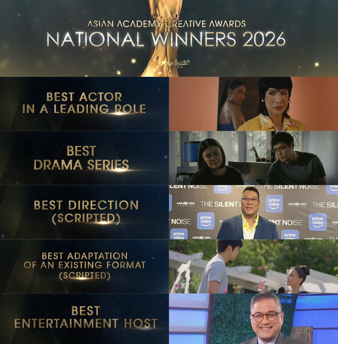 AltStarMagic's tweet photo. LOOK: ABS-CBN Studios and Kapamilya personalities got 5 national wins at the 2026 Asian Academy of Creative Awards:

Best Lead Actor: Vice Ganda for #CallMeMother
Best Drama Series: #TheSilentNoise
Best Direction in a Scripted Format: Onat Diaz for #TheSilentNoise
Best Adaptation of an Existing Format (Scripted): #ItsOkayToNotBeOkay
Best Entertainment Host: Rico Hizon for #RatedR

MOTHER VICE GANDA FOR BEST ACTOR SHET!!! 😭👏