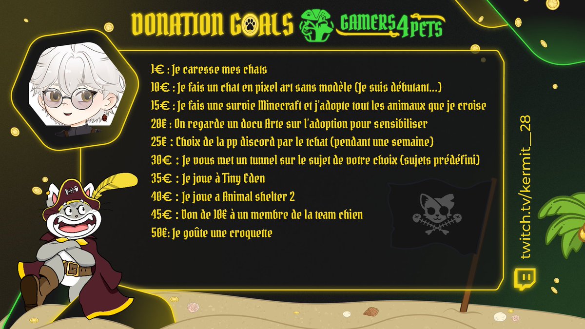 Kermit__28's tweet photo. Hello tout le monde !👋

Je participe au Gamers4Pets du 29 octobre au 4 septembre !🗓️

Rejoignez mon stream a 14h pour soutenir les refuges !🐱
#gamers4pets https://t.co/QxVPx9lXrX