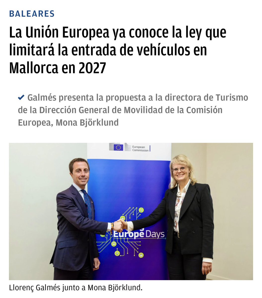 PPdeMallorca's tweet photo. 🇪🇺 De Mallorca a Brussel·les: la llei que posarà límit a l’entrada de vehicles continua fent passes endavant.

El president @Ll_Galmes ha presentat davant la Comissió Europea una iniciativa pionera per reduir la saturació, ordenar la mobilitat i protegir la qualitat de vida dels residents.

🗣️ “El 2023 varen entrar prop de 400.000 vehicles pels ports de Mallorca, un 108% més que el 2017. Són xifres insostenibles i noltros hem decidit actuar”.

Una llei valenta que neix d’un compromís molt clar: posar la gent d’aquí en primer lloc.💙
